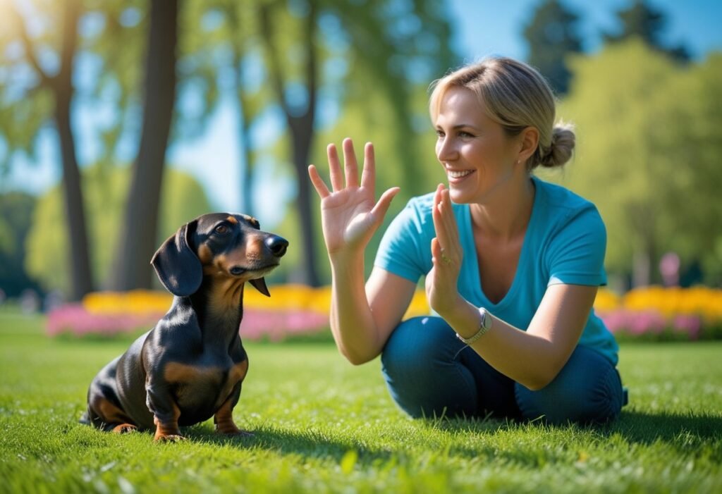 Owner using hand signals to train Dachshund in park, essential for deaf dachshund care.