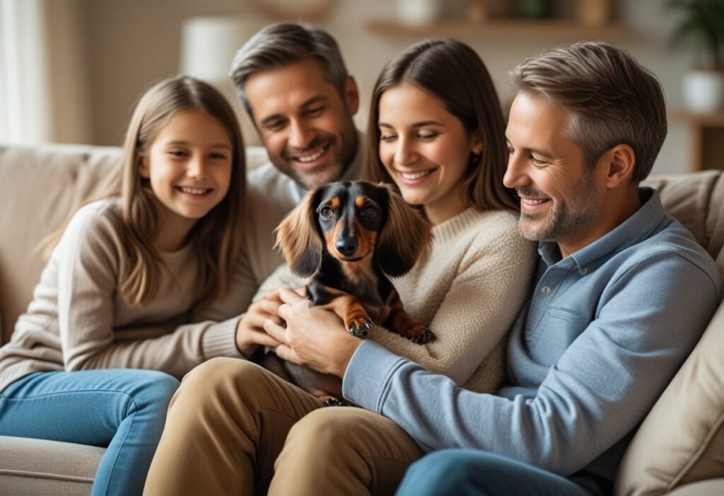 Family cuddling Dachshund on couch, warmth and bonding in deaf dachshund care.