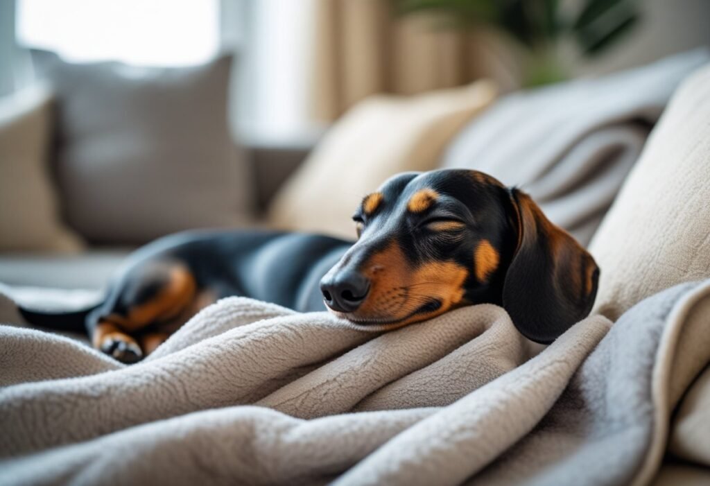 Dachshund snuggled in blanket indoors, comfort and security in deaf dachshund care.