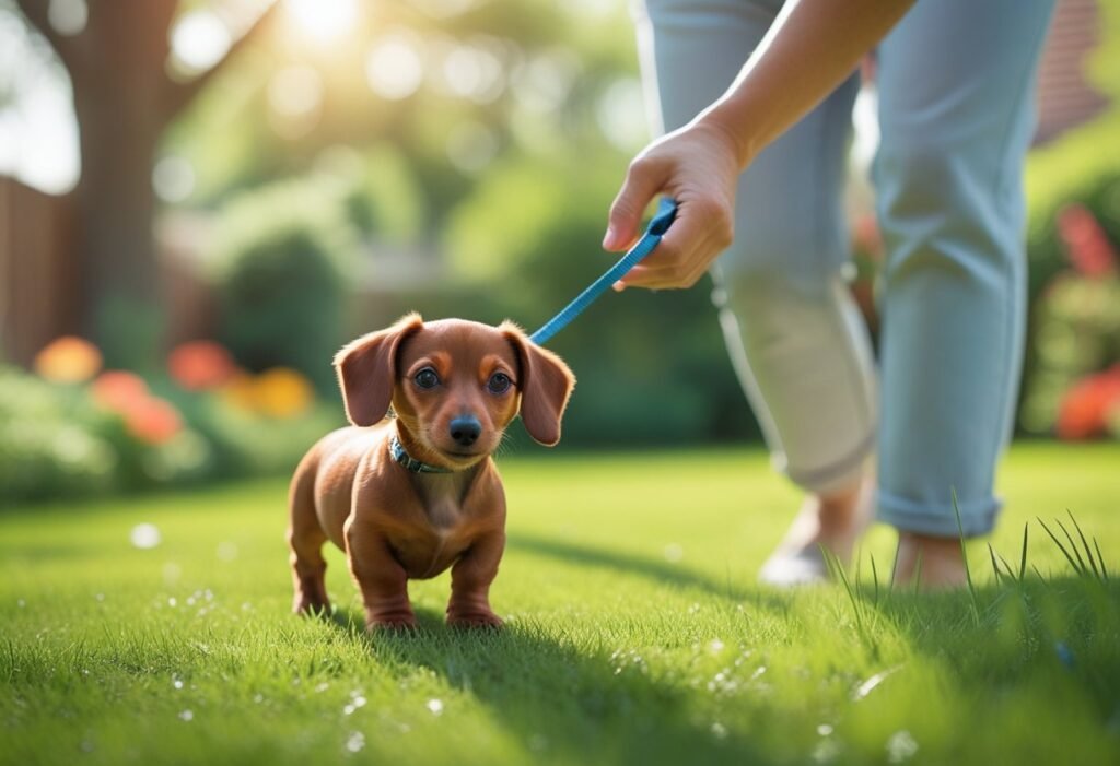 Red Dachshund puppy exploring yard with owner, guided play in deaf dachshund care.