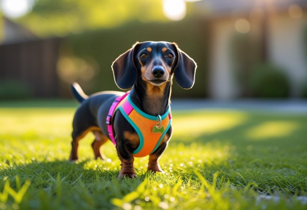 Short-haired Dachshund in bright harness outdoors, part of safe deaf dachshund care.