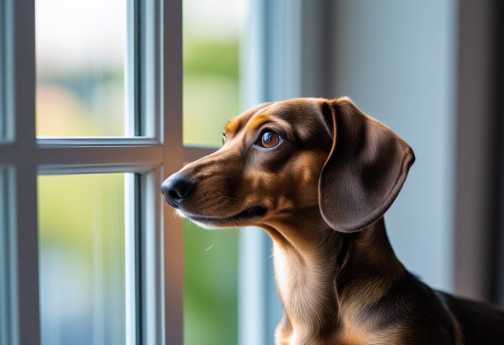 Dachshund looking out window at home, attention and curiosity in deaf dachshund care.