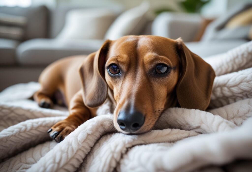 Female Dachshund resting on blanket showing tiredness during phantom pregnancy.