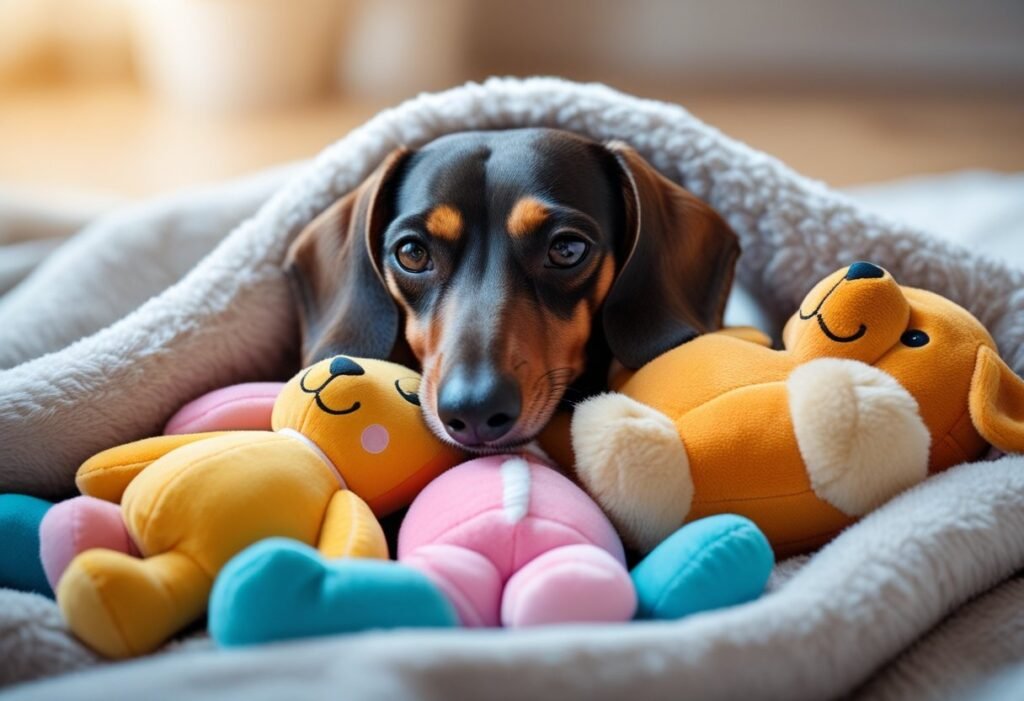 Dachshund cuddling plush toys as if mothering during phantom pregnancy.