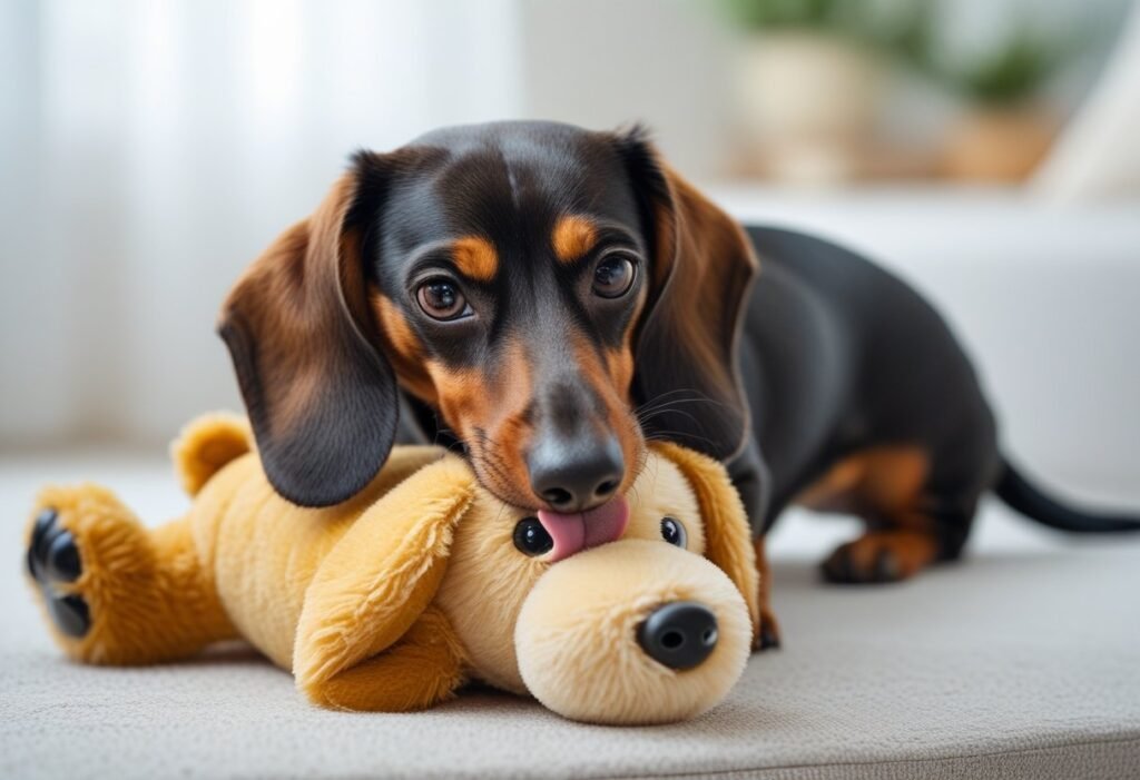 Dachshund licking a plush toy, mimicking puppy care during phantom pregnancy.