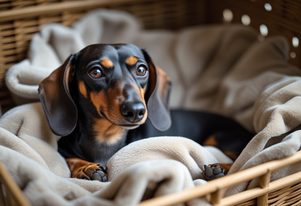 Dachshund in crate nesting with blanket during phantom pregnancy.