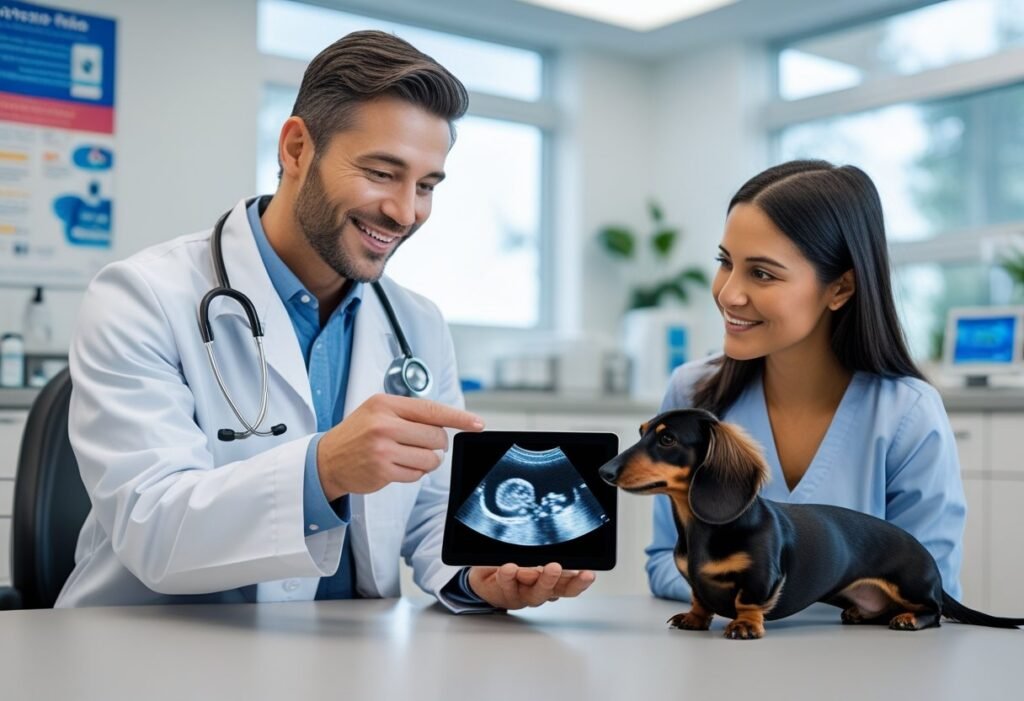 Vet showing ultrasound image to owner with Dachshund suspected of phantom pregnancy.