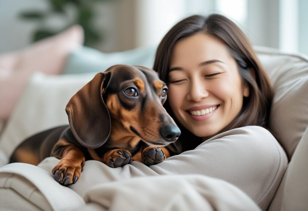 Dachshund cuddled with owner on couch seeking affection during phantom pregnancy.