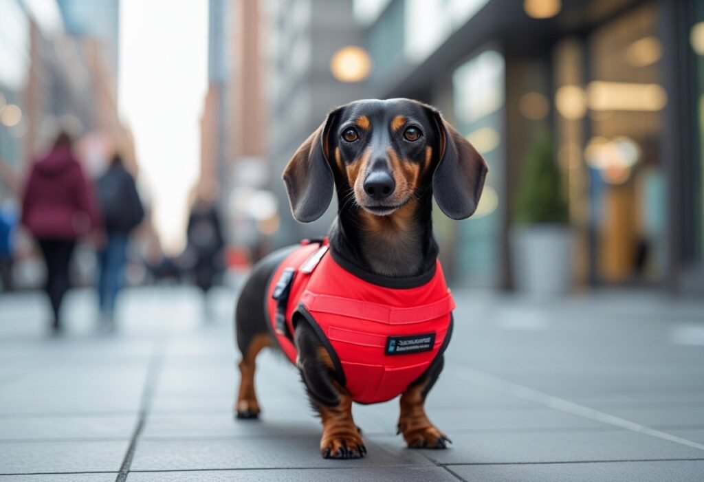 Dachshund service dog in a red vest standing on a city sidewalk.