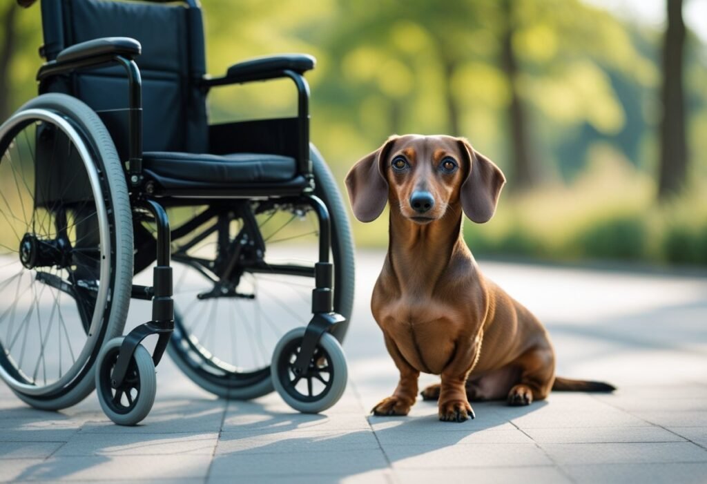 Dachshund service dog sitting beside a wheelchair outdoors.