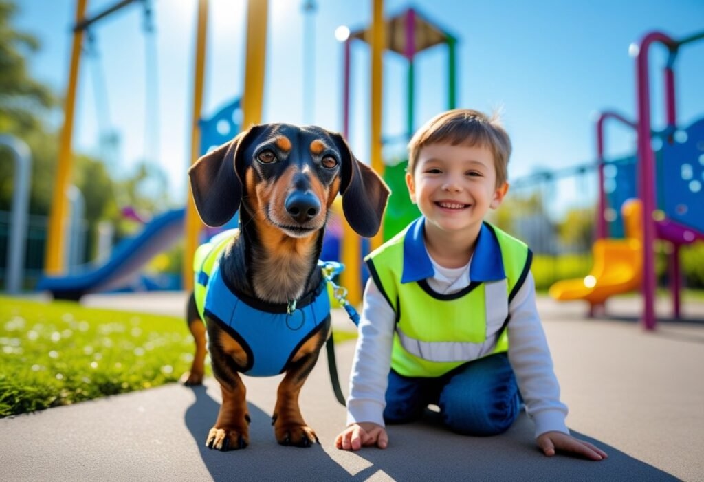 Dachshund in a vest accompanying a child at a playground.
