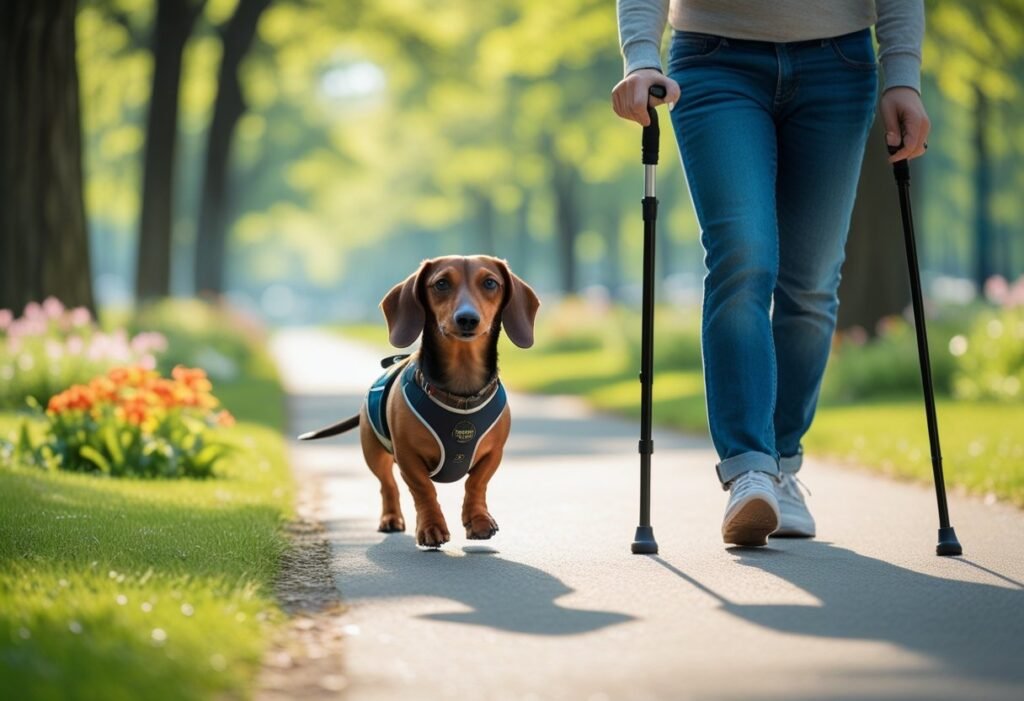 Dachshund guiding a person with a cane along a park pathway.