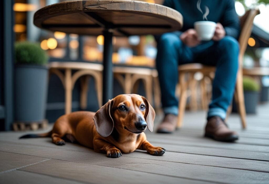 Dachshund lying calmly under a café table beside its owner.