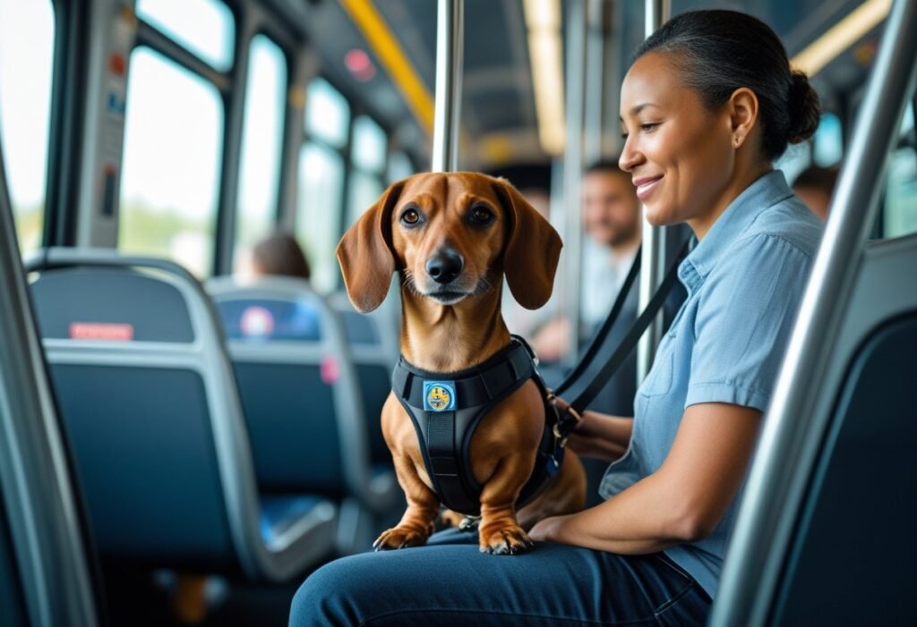 Dachshund service dog riding a bus with its handler.