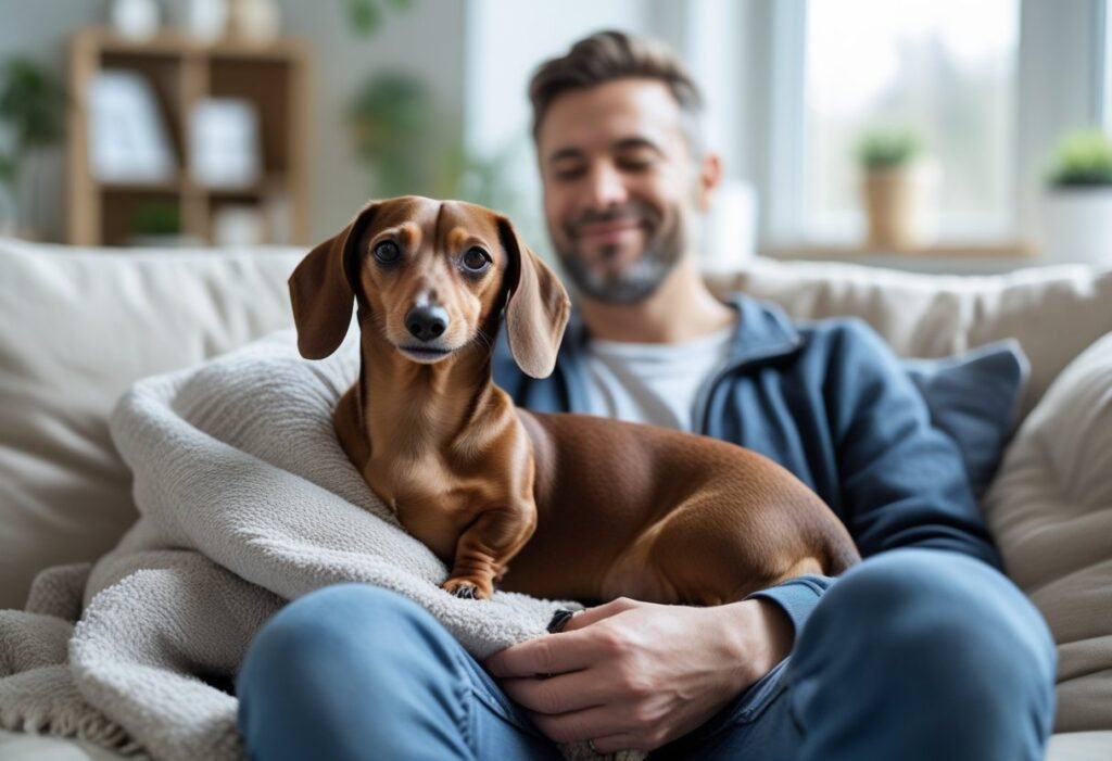 Dachshund providing emotional support cuddled on owner’s lap.