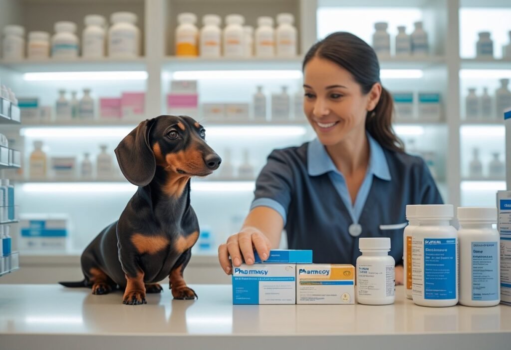 Dachshund service dog waiting at a pharmacy with its owner.