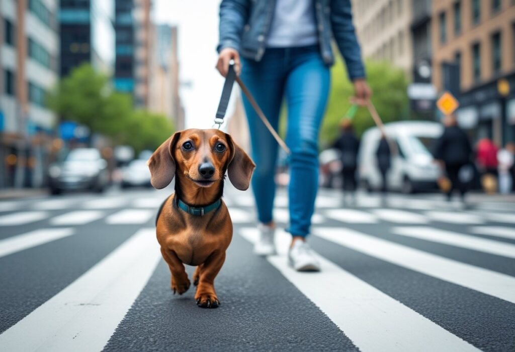 Dachshund leading a person across a pedestrian crosswalk.
