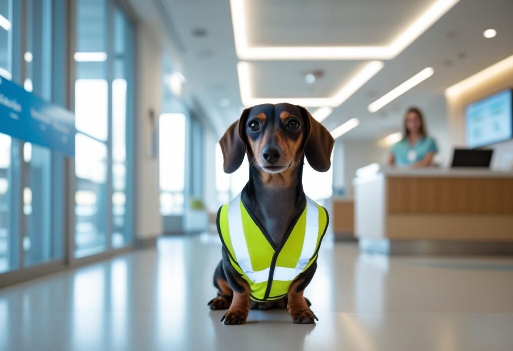 Dachshund in a vest waiting at a hospital reception area.