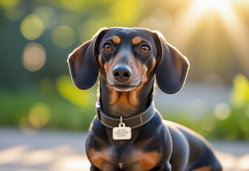 Dachshund wearing a service ID tag sitting outdoors in sunlight.