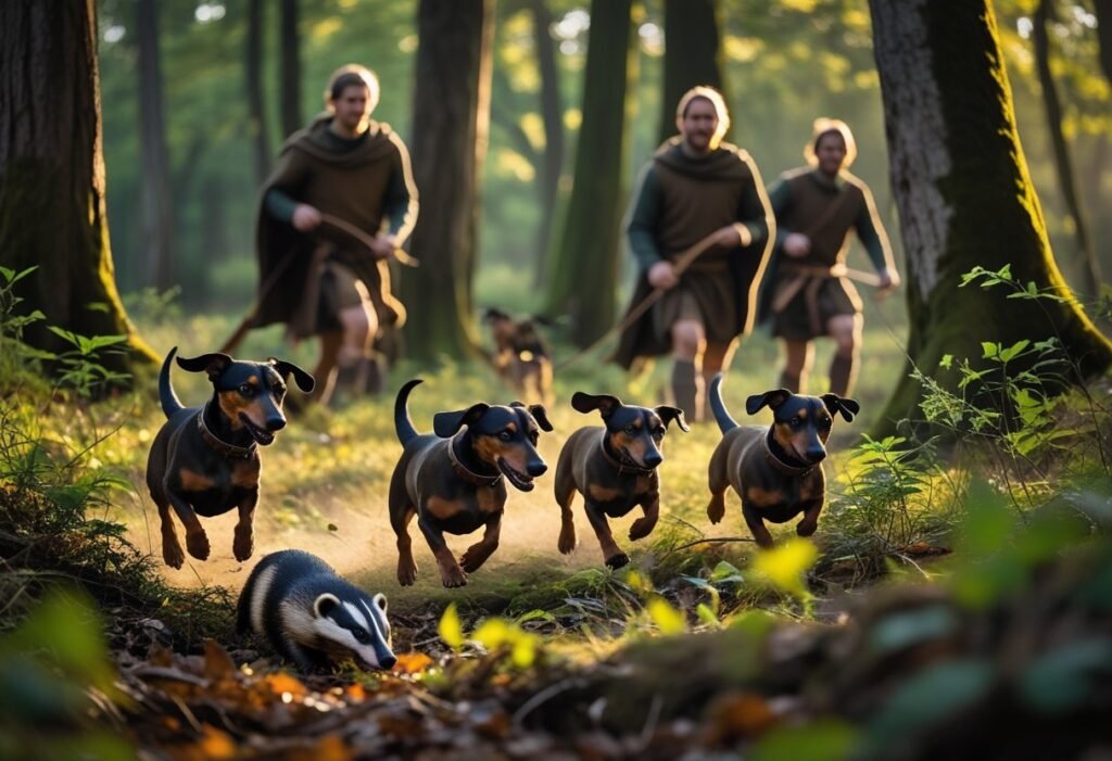 Medieval hunters with Dachshund dogs chasing a badger.