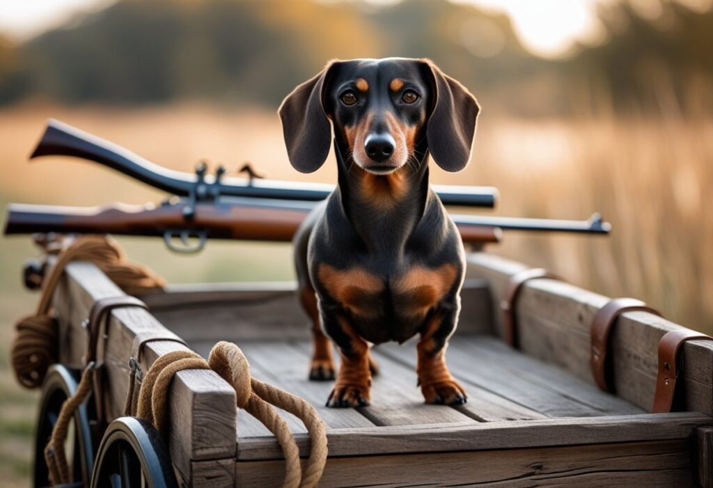 Dachshund standing on a wooden hunting cart.