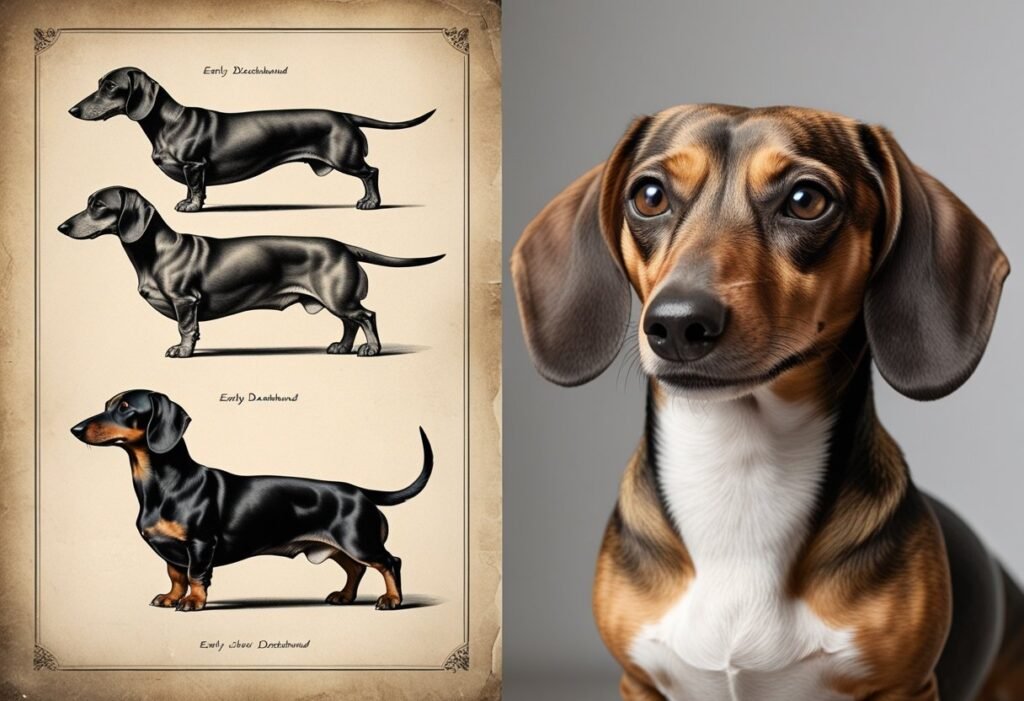 Comparison of early Dachshund sketches and modern breed.
