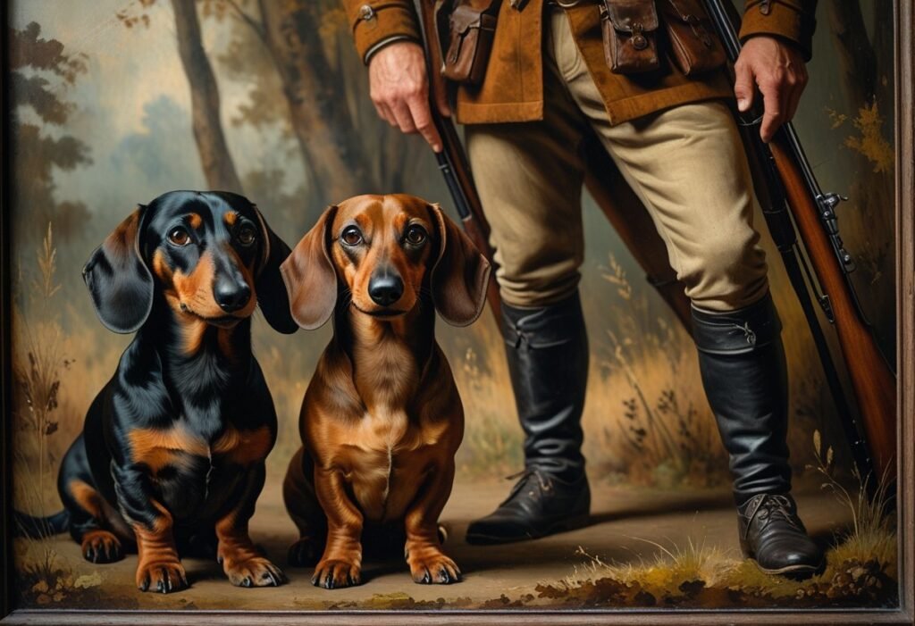 Old painting of Dachshunds beside German hunters.