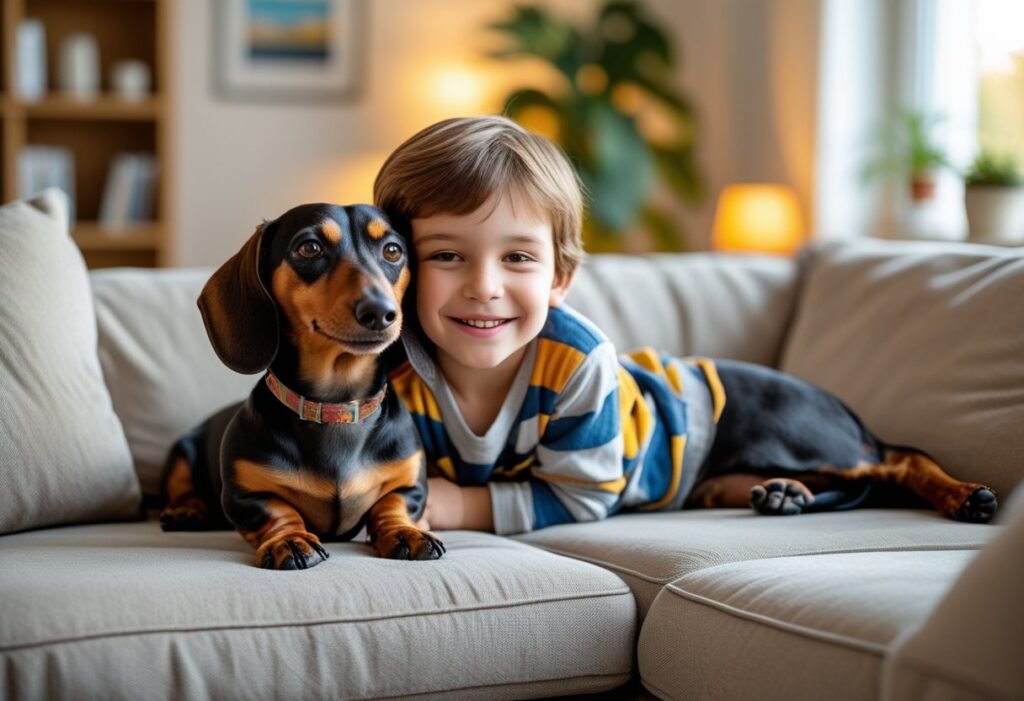 Child cuddling with a Dachshund on a cozy couch – Dachshunds and children bonding moment.