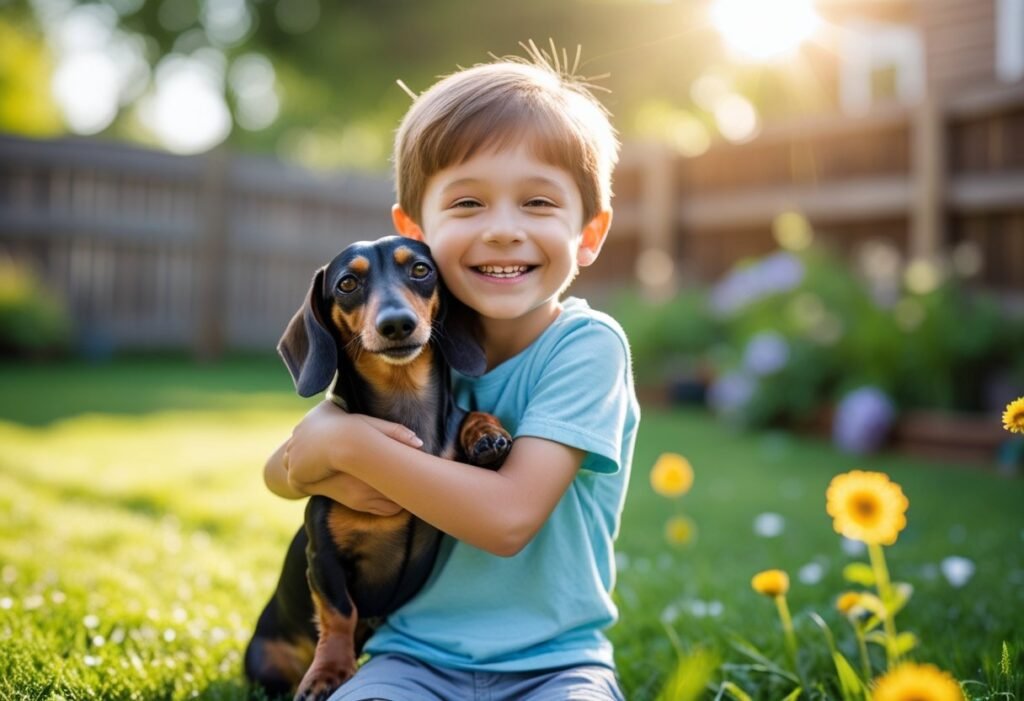 Smiling boy hugging a Dachshund in the backyard – safe Dachshunds and children interaction.