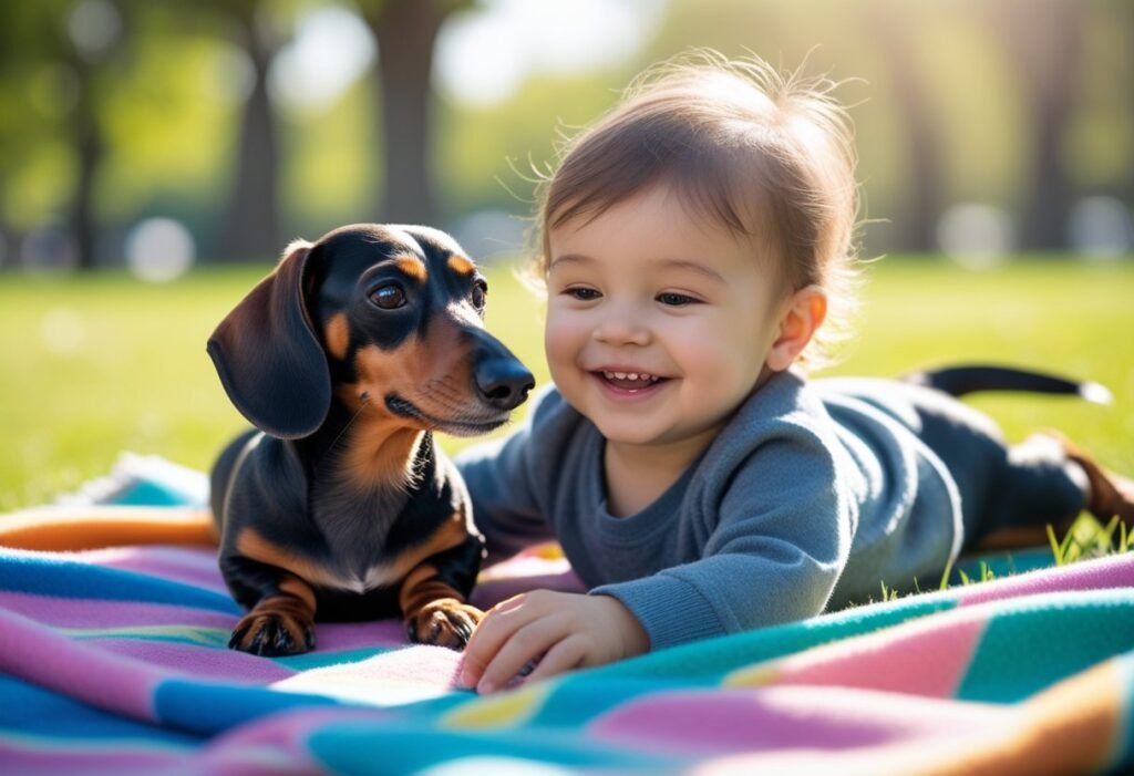 Toddler lying on a blanket with a Dachshund – peaceful Dachshunds and children connection.