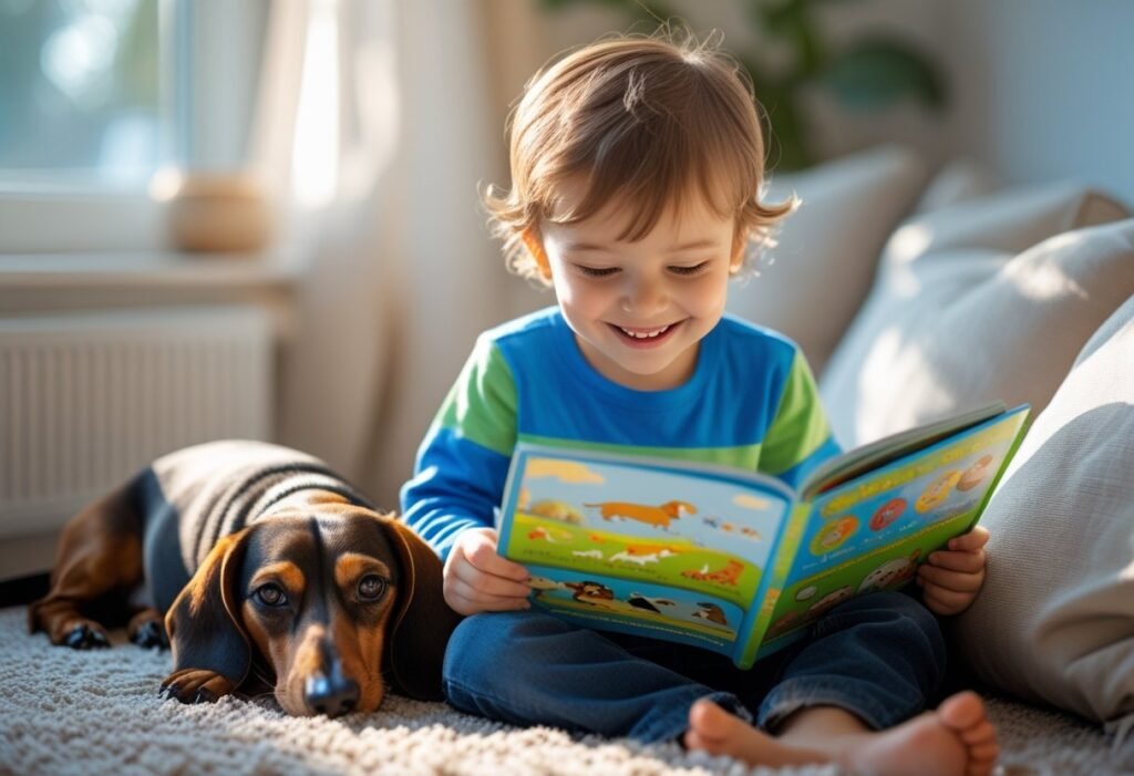 Child reading a storybook with a Dachshund beside them – Dachshunds and children calm bond.