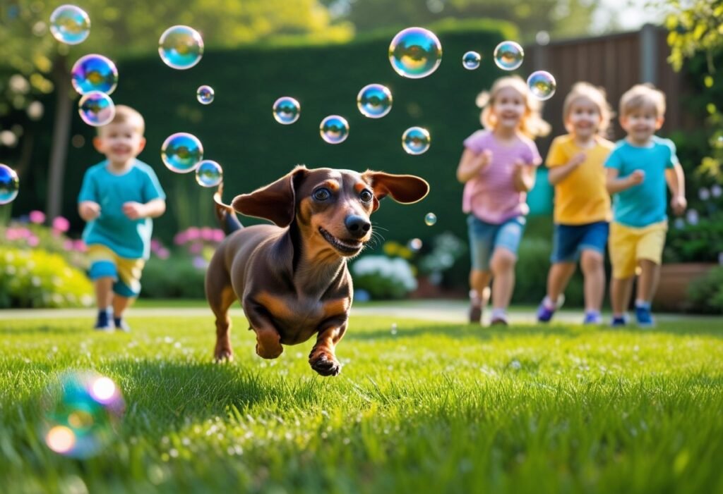 Dachshund chasing bubbles blown by children in the garden – playful Dachshunds and children time.