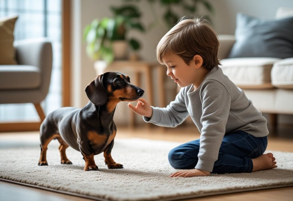 Child teaching a Dachshund a trick indoors – Dachshunds and children learning together.