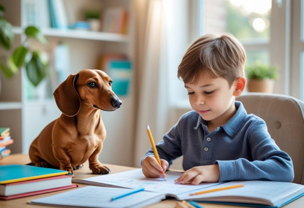 Dachshund sitting calmly beside a child doing homework – Dachshunds and children harmony.