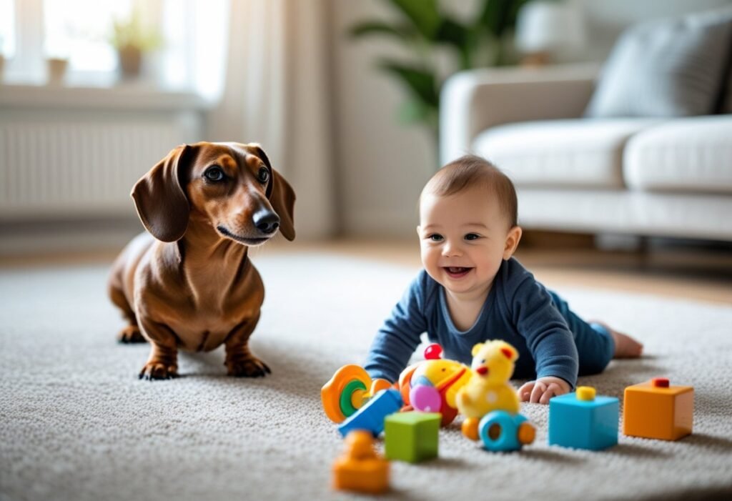 Dachshund watching a baby play on the floor – Dachshunds and children protective moment.