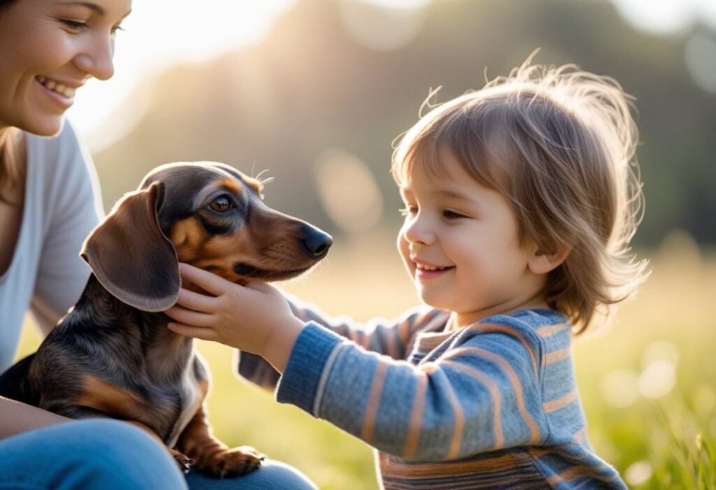 Young child softly petting a Dachshund – Dachshunds and children gentle affection.