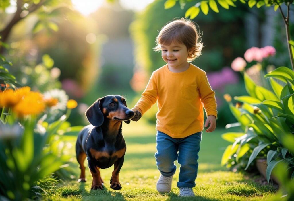 Child holding a Dachshund’s paw while walking in the garden – Dachshunds and children trust.