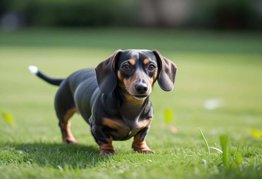 Dachshund scooting on lawn, a common sign of Dachshund anal glands irritation.