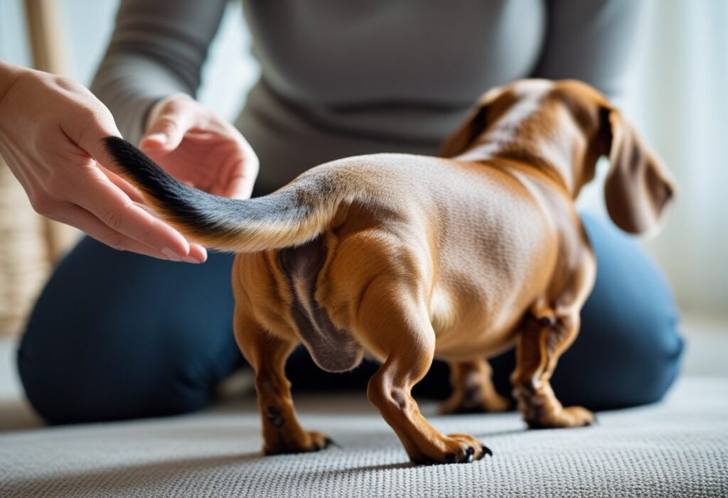 Owner gently lifting tail to visually check Dachshund anal glands at home.