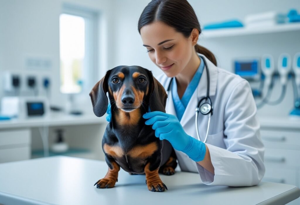 Vet examining Dachshund on clinic table for impacted Dachshund anal glands.