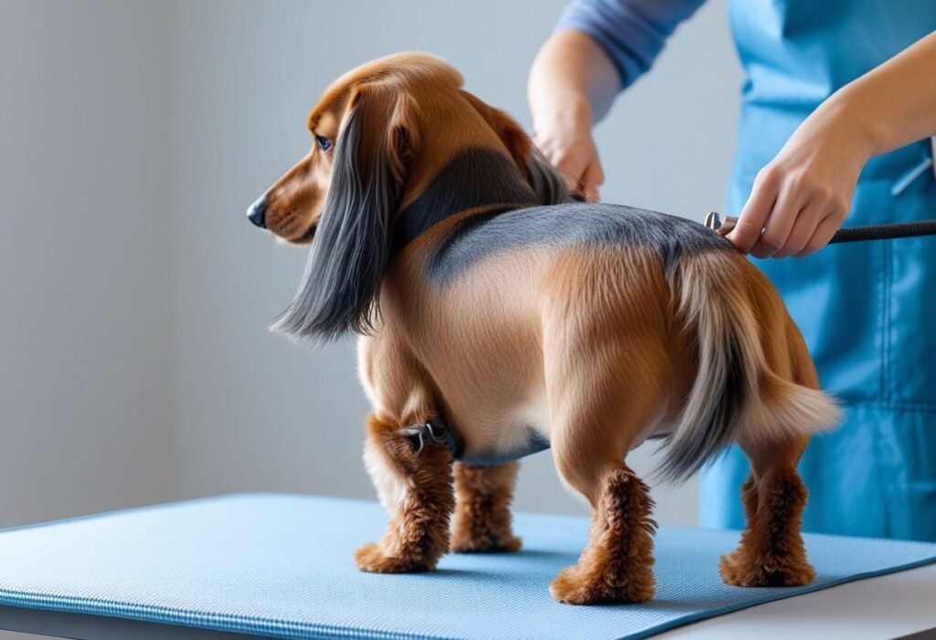 Groomer trimming hindquarter fur for cleanliness around Dachshund anal glands.