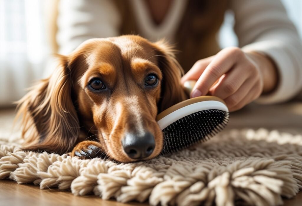 Long-haired Dachshund being brushed on a rug – Dachshund skin & coat care routine.