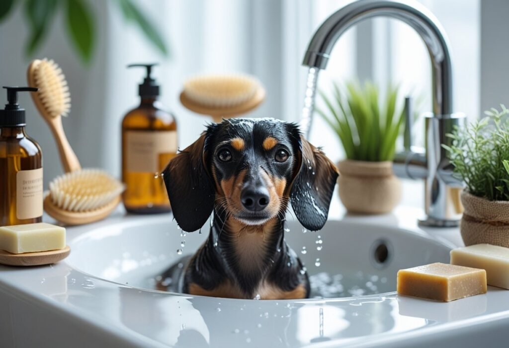 Dachshund getting a gentle bath with natural products – Dachshund skin & coat care.