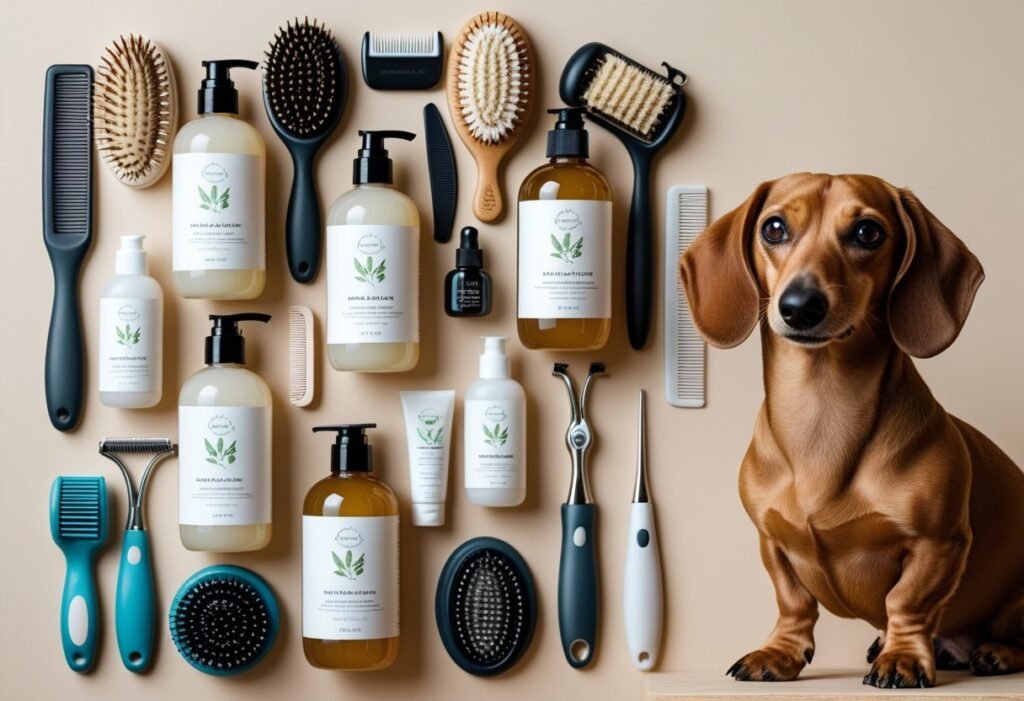 Flat lay of dog shampoos and brushes beside a Dachshund – Dachshund skin & coat care tools.