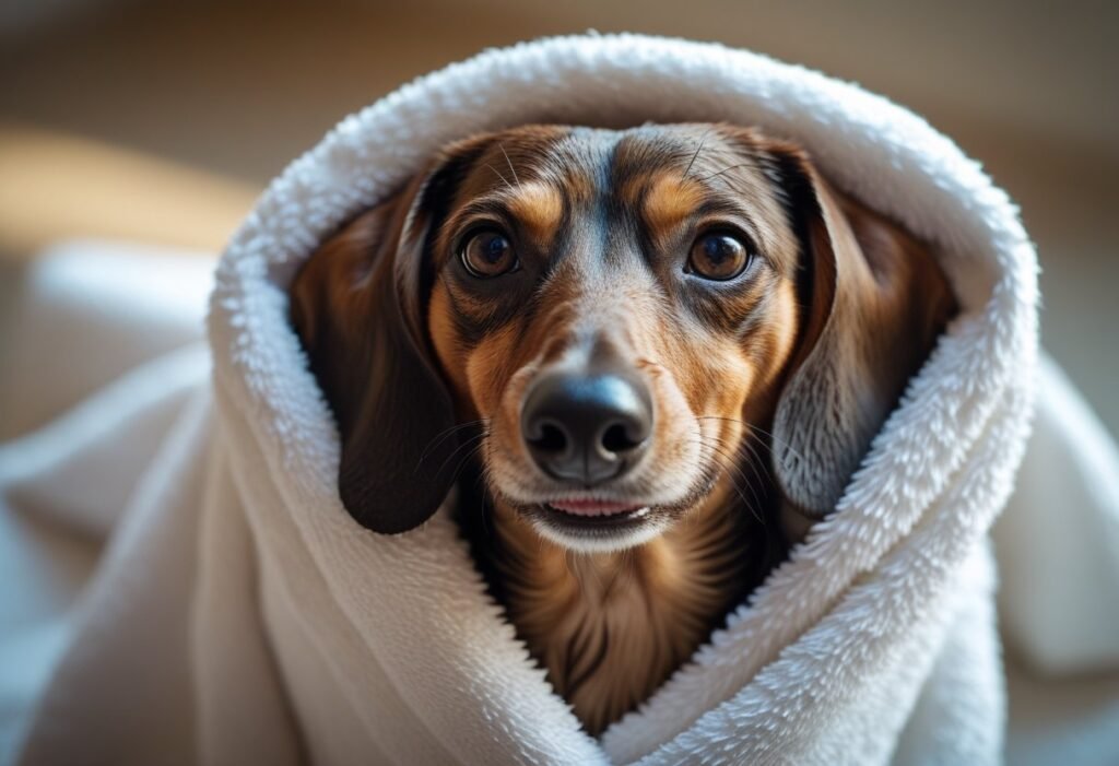 Dachshund wrapped in towel after bath, looking happy – Dachshund skin & coat care.