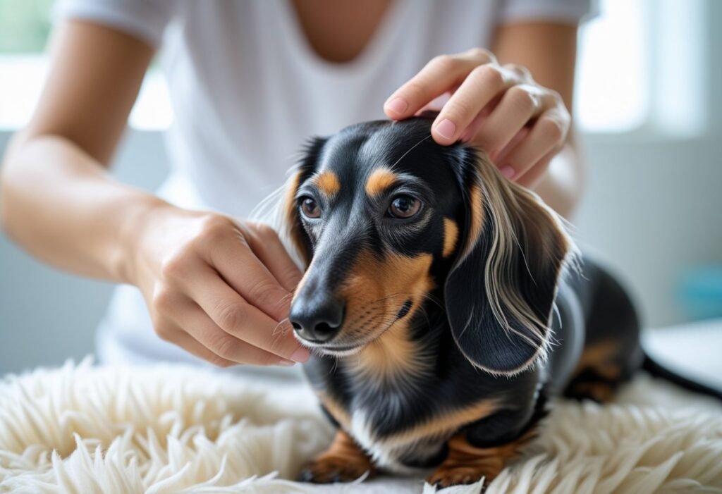 Person applying conditioner to long-haired Dachshund – Dachshund skin & coat care.
