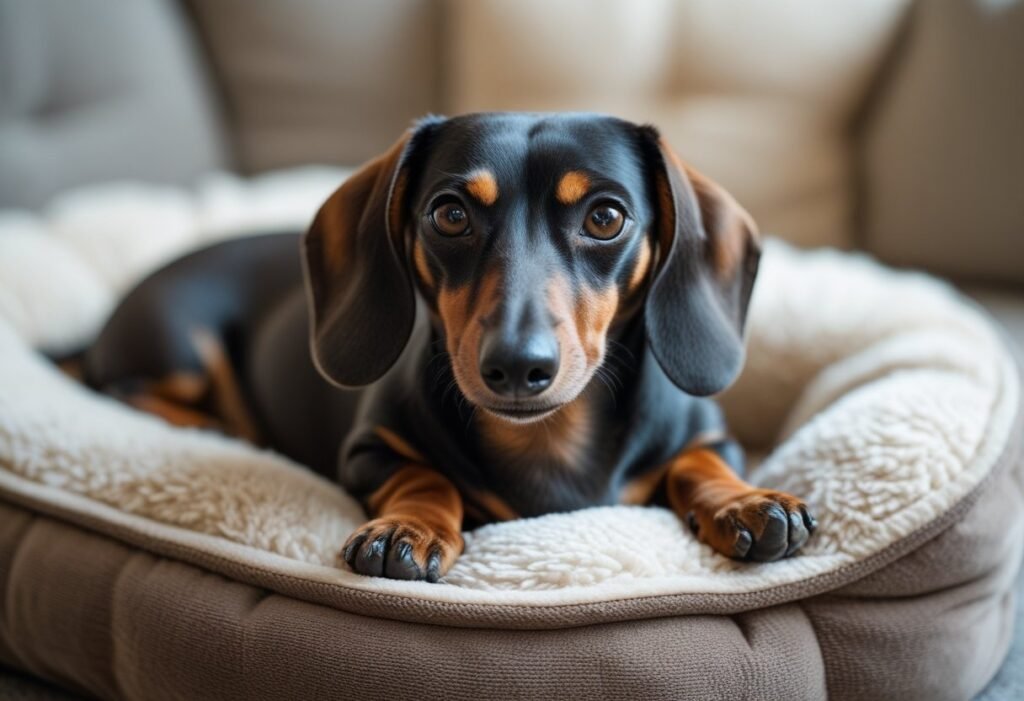 Dachshund resting on cozy bed with clean coat – Dachshund skin & coat care results.