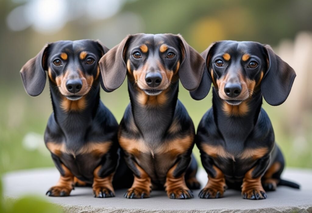Three dachshunds relaxing on a sofa—calm pack harmony for owning multiple dachshunds.