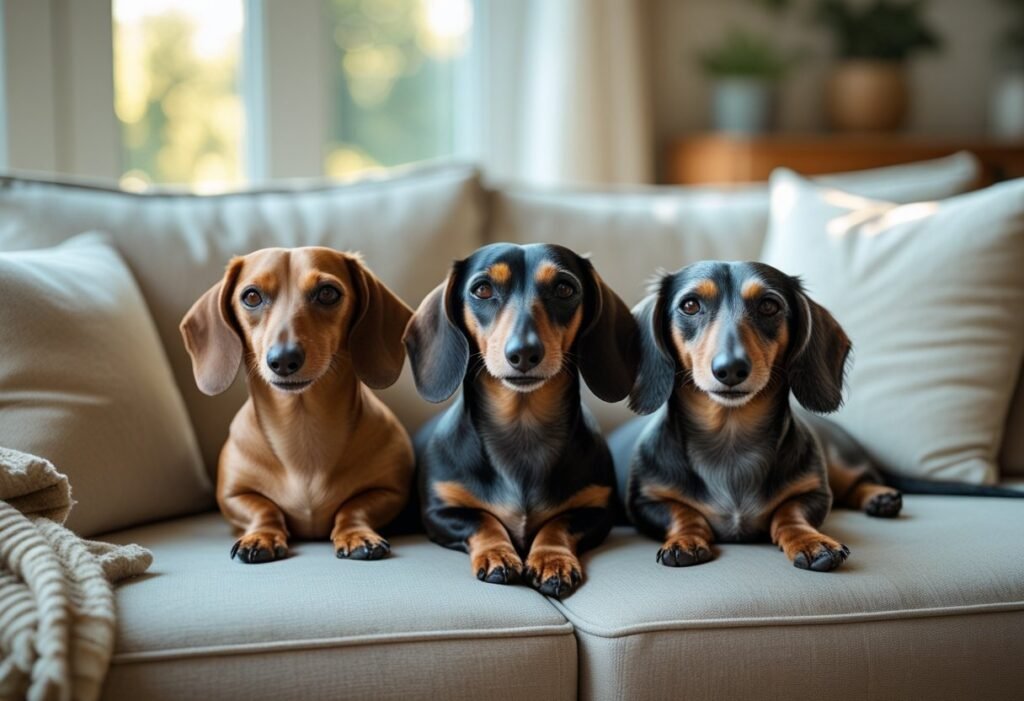 Resident dachshund greeting a new dachshund at a baby gate—gentle intro for owning multiple dachshunds.