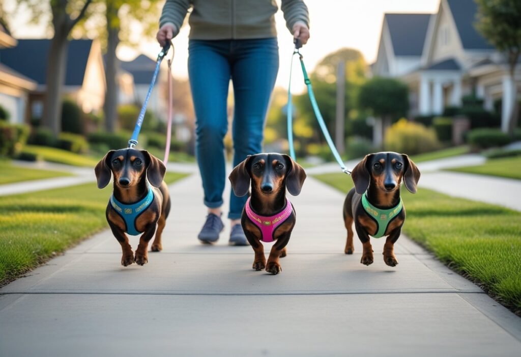 Parallel loose-leash walk with three dachshunds in harnesses—structured exercise for owning multiple dachshunds.
